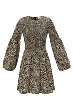 Abito Mini Donna in Poliestere Stampa Leopardo Maniche A Palloncino
