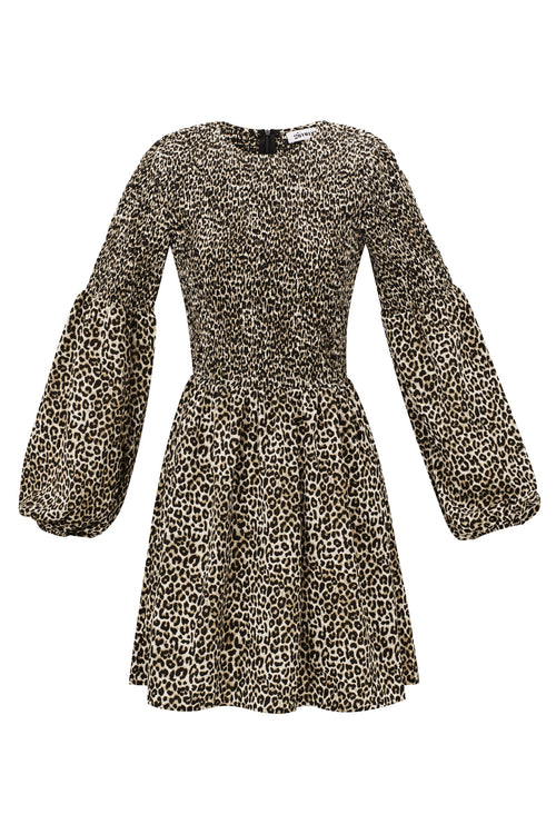 Abito Mini Donna in Poliestere Stampa Leopardo Maniche A Palloncino