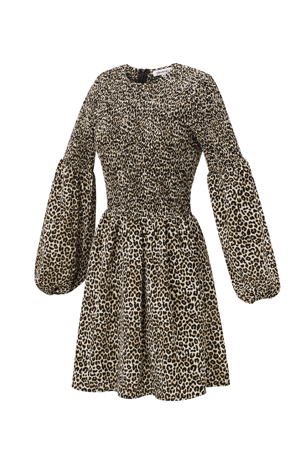 Abito Mini Donna in Poliestere Stampa Leopardo Maniche A Palloncino