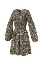 Abito Mini Donna in Poliestere Stampa Leopardo Maniche A Palloncino