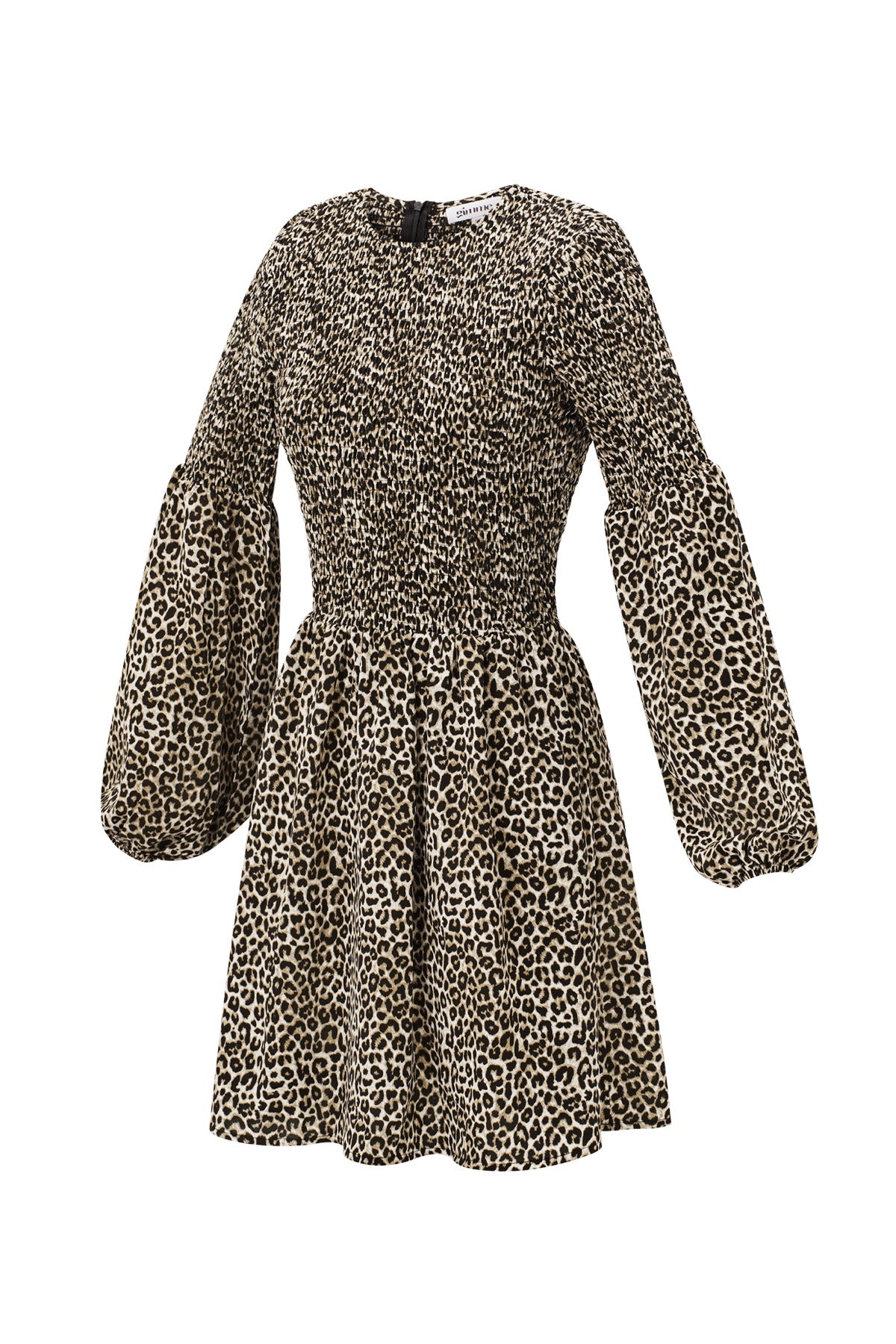 Abito Mini Donna in Poliestere Stampa Leopardo Maniche A Palloncino