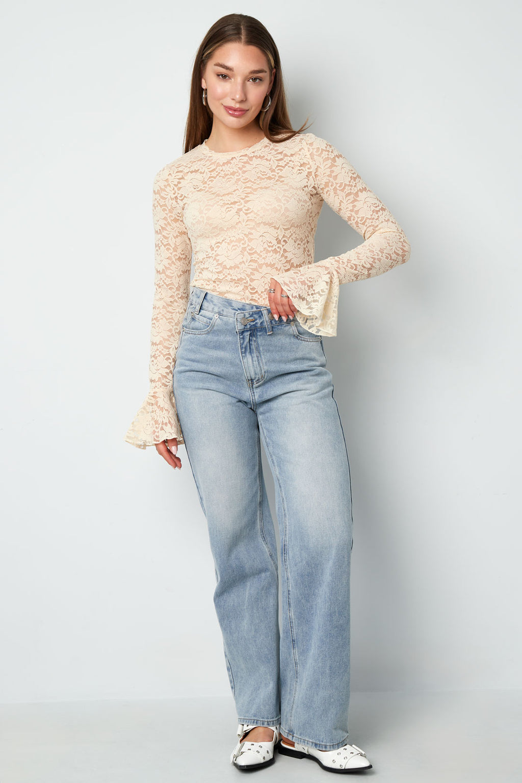 Tessuto Poliestere Maglie Lunghe Top Elegante Pannello di Pizzo