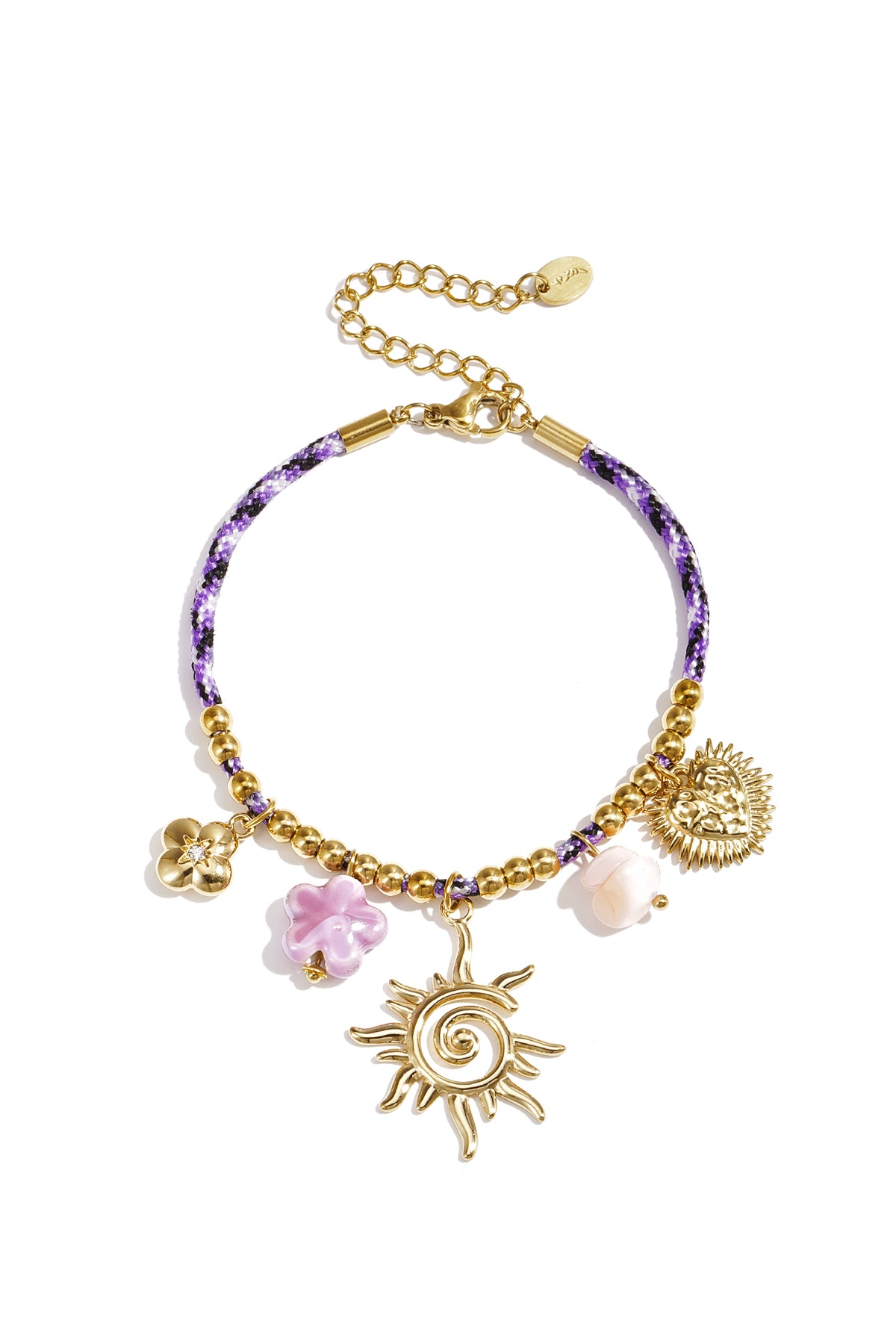Braccialetto in cordino colorato con pendenti vari viola