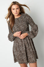 Abito Mini Donna in Poliestere Stampa Leopardo Maniche A Palloncino