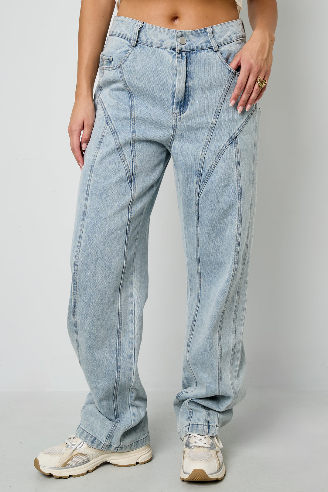 Pantaloni in Cotone Misto Casual Dritto Blu Indaco Chiaro