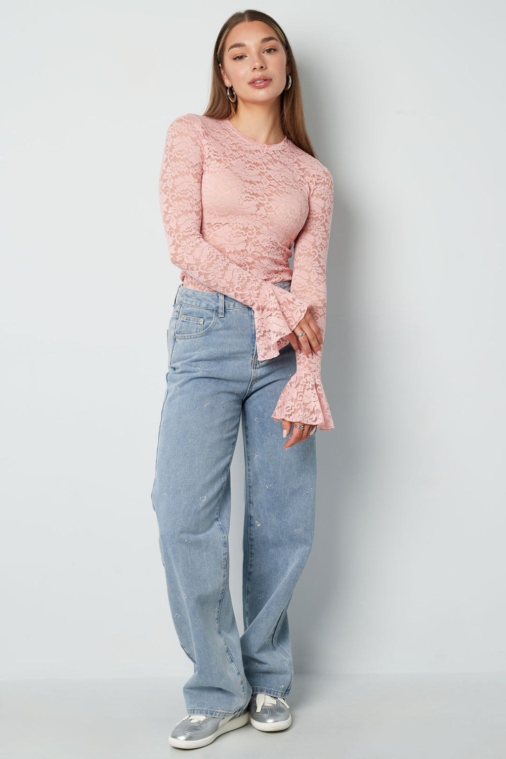 Cotone Tessuto Donna Pantaloni Dritti Jeans Ricamo Cuore Casual