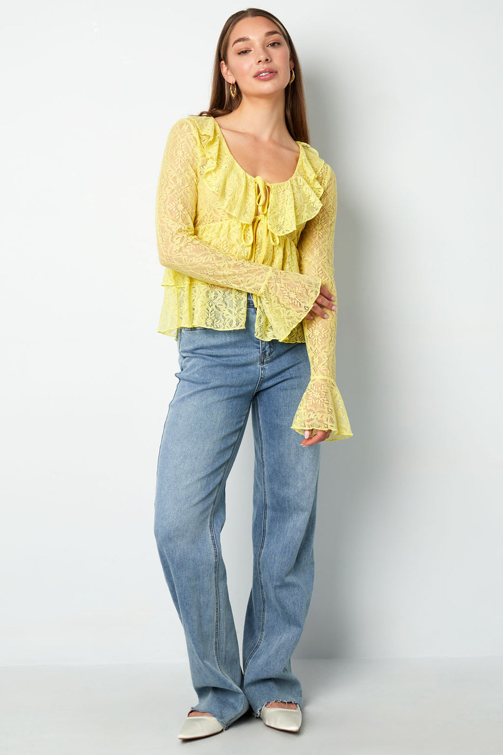 Tessuto Pizzo Donna Maglia Maniche Lunghe Elegante Dettaglio Volant