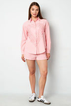 Cotton Woven Camicia Donna Casual Stripes Cuore Ruffle Detail