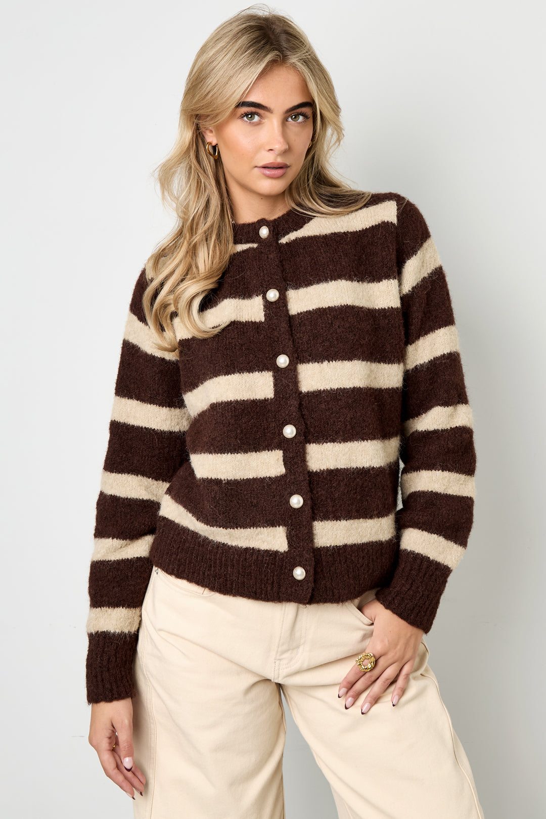 Cardigan Donna in Fibra di Poliestere Maglia Stile Casual a Righe