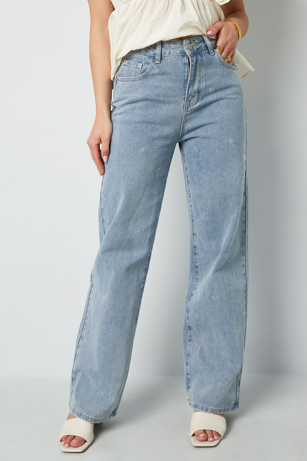 Cotone Tessuto Donna Pantaloni Dritti Jeans Ricamo Cuore Casual