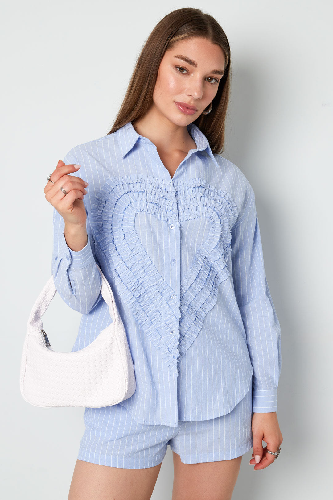 Cotton Woven Camicia Donna Casual Stripes Cuore Ruffle Detail