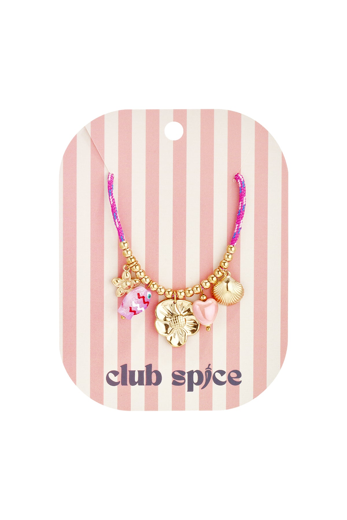 Collana con cordino colorato e vari ciondoli tra cui un ciondolo a forma di pesce.