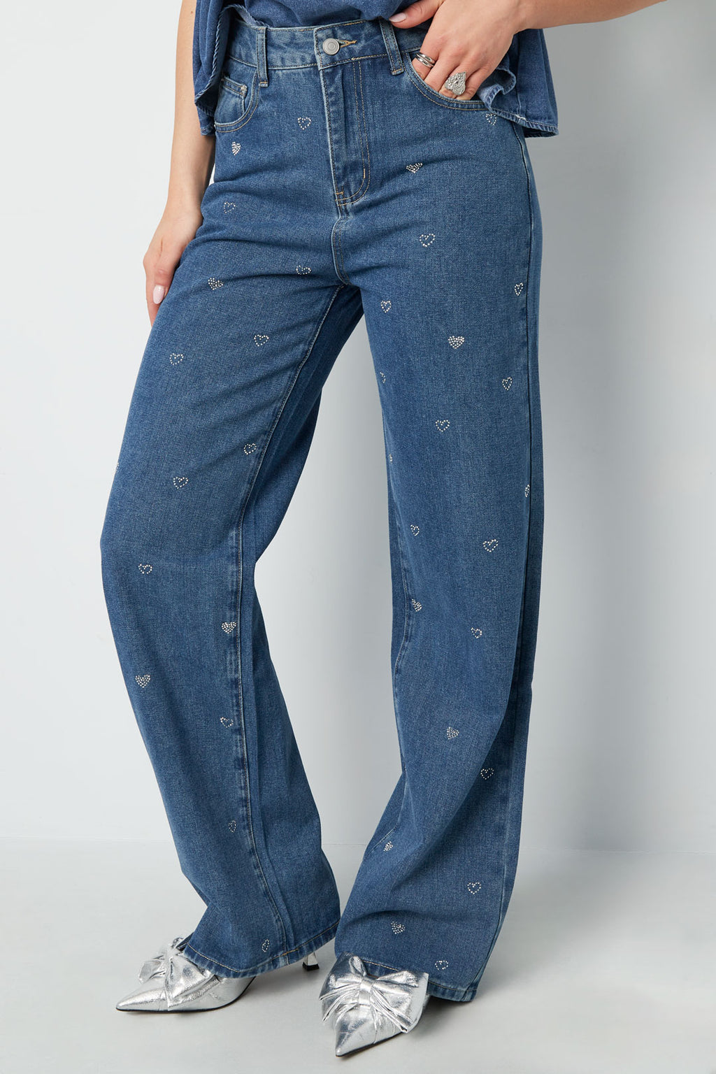 Cotone Tessuto Donna Pantaloni Dritti Jeans Ricamo Cuore Casual