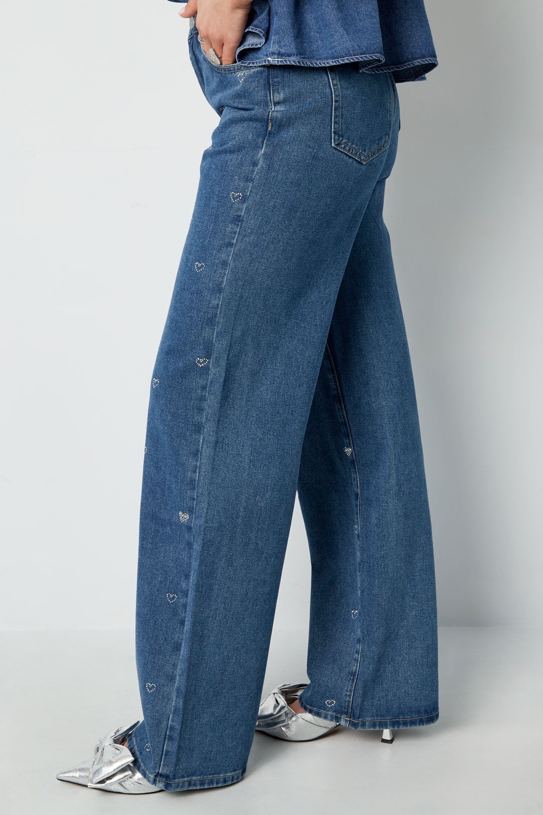 Cotone Tessuto Donna Pantaloni Dritti Jeans Ricamo Cuore Casual
