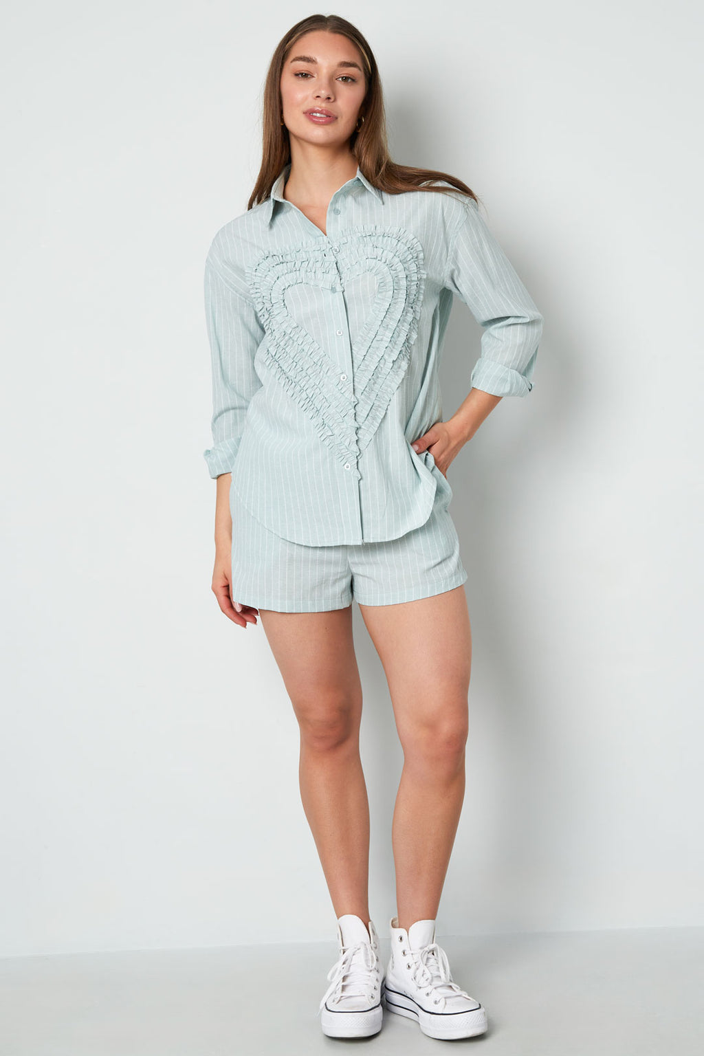 Cotton Woven Camicia Donna Casual Stripes Cuore Ruffle Detail