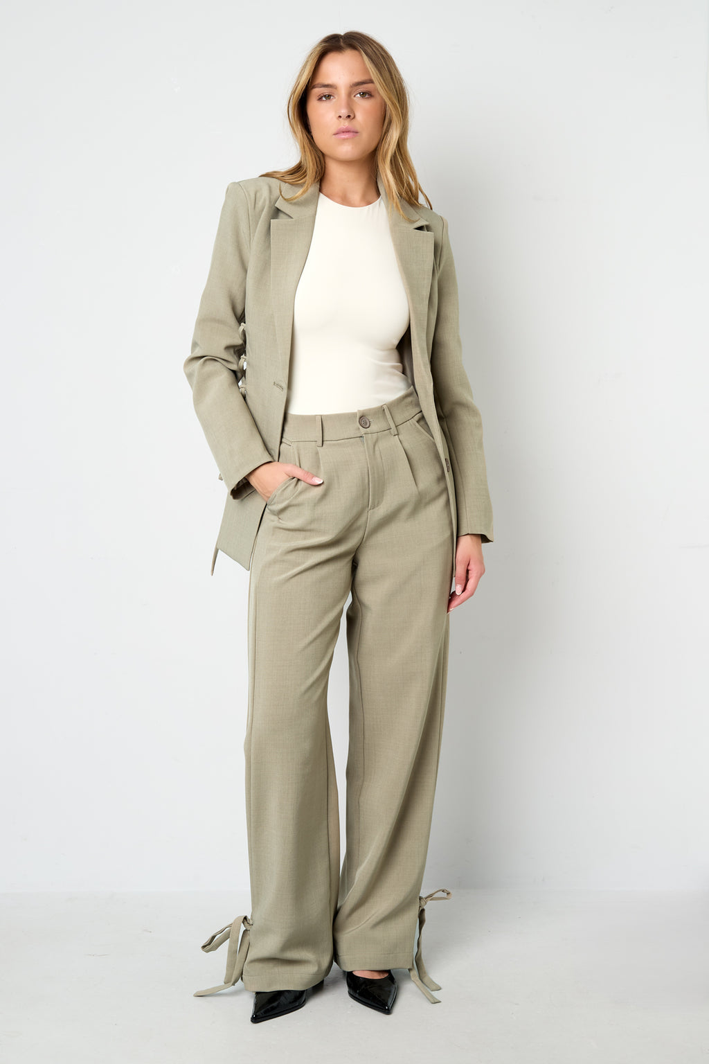 Pantaloni Dritti Donna in Fibra di Poliestere Tessuta Stile Casual con Legacci