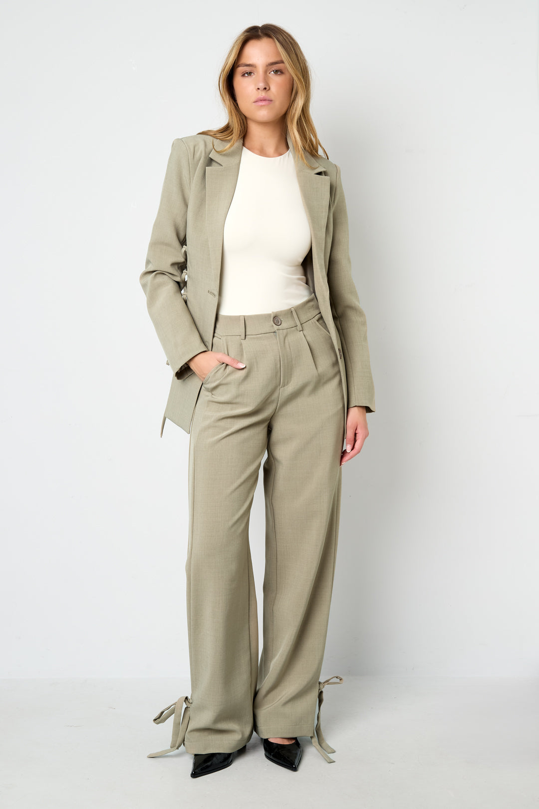 Pantaloni Dritti Donna in Fibra di Poliestere Tessuta Stile Casual con Legacci