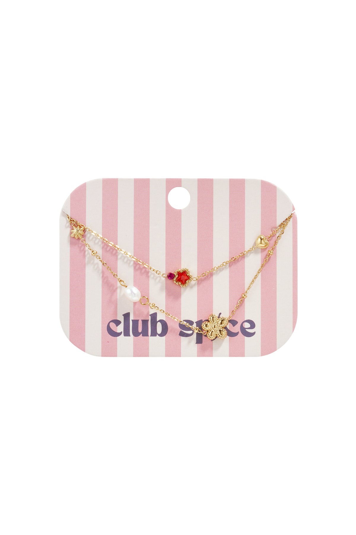 Braccialetto con ciondoli a forma di stella e fiore, perle, pietre e perline.