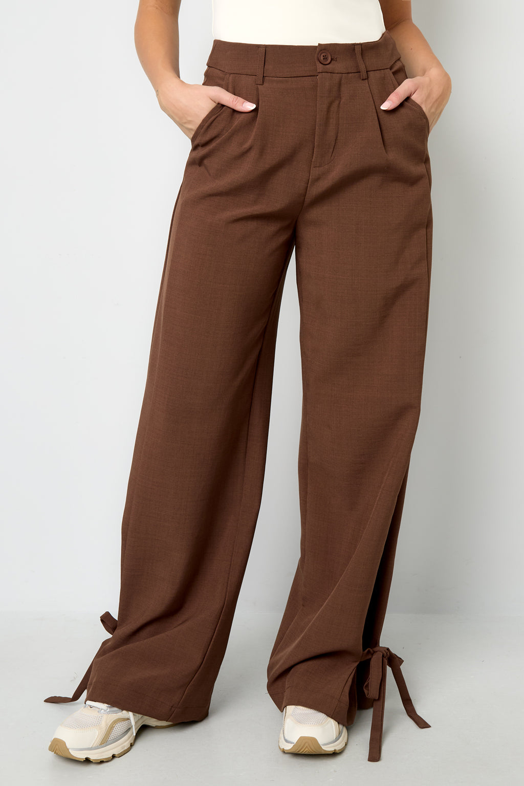 Pantaloni Dritti Donna in Fibra di Poliestere Tessuta Stile Casual con Legacci