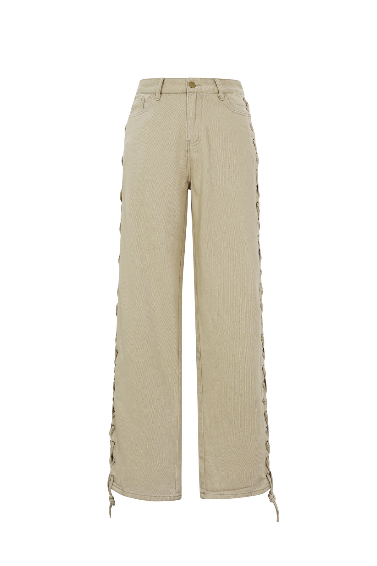 Cotone Tessuto Pantaloni Dritti Donna Con Lacci Casual