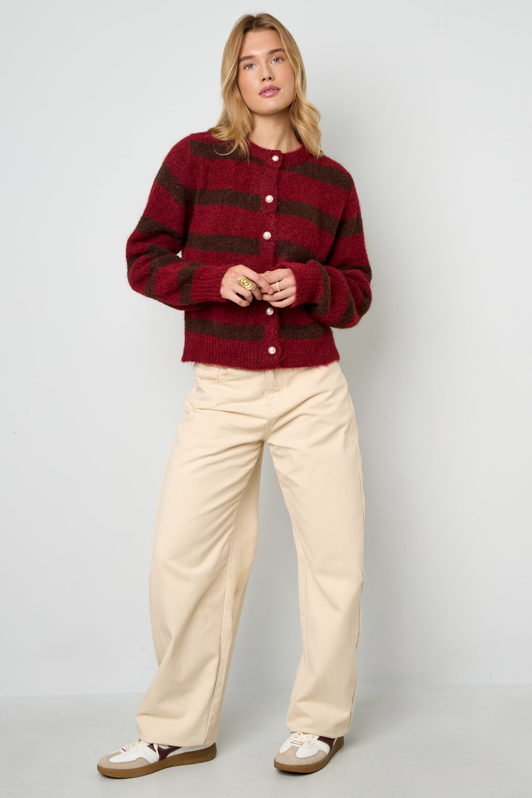 Cardigan Donna in Fibra di Poliestere Maglia Stile Casual a Righe