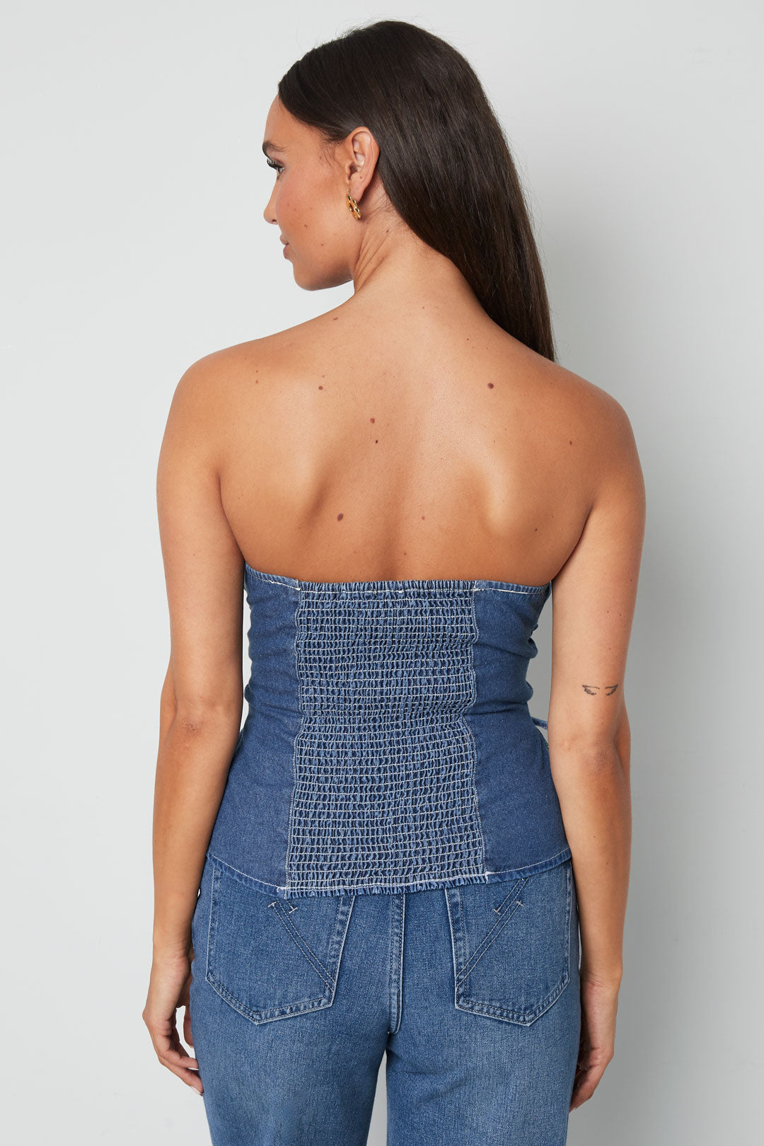 Tessuto Jeans Top Senza Spalline Donna Elegante Colore Puro Primavera/Estate