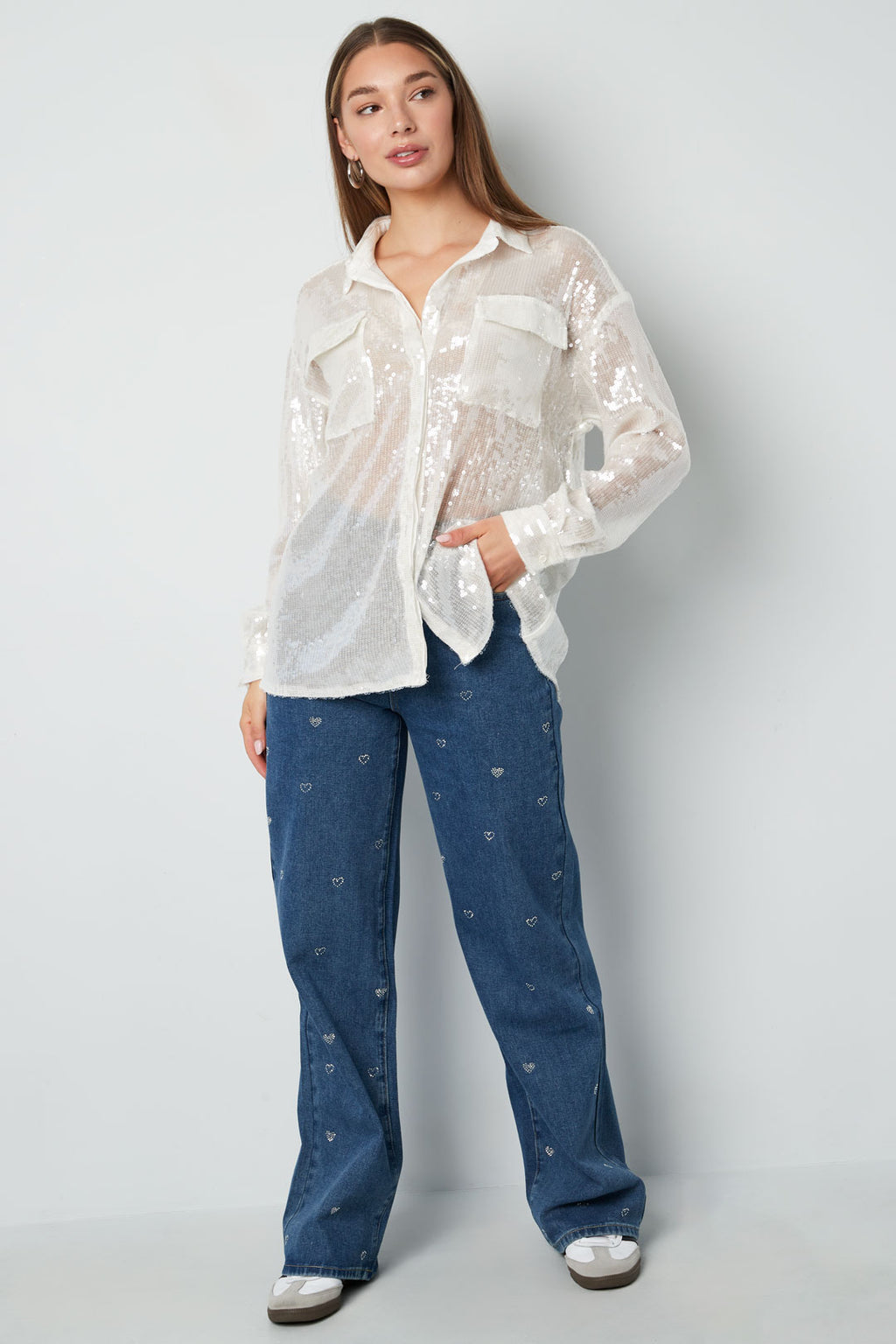 Cotone Tessuto Donna Pantaloni Dritti Jeans Ricamo Cuore Casual