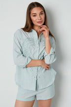 Cotton Woven Camicia Donna Casual Stripes Cuore Ruffle Detail