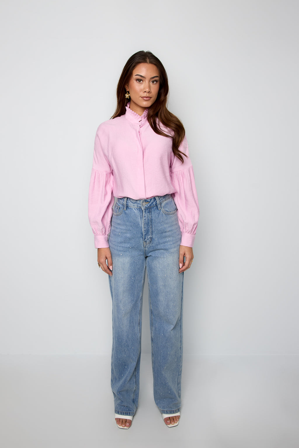 Camicia Donna in Viscosa Maniche A Palloncino Collo Alto