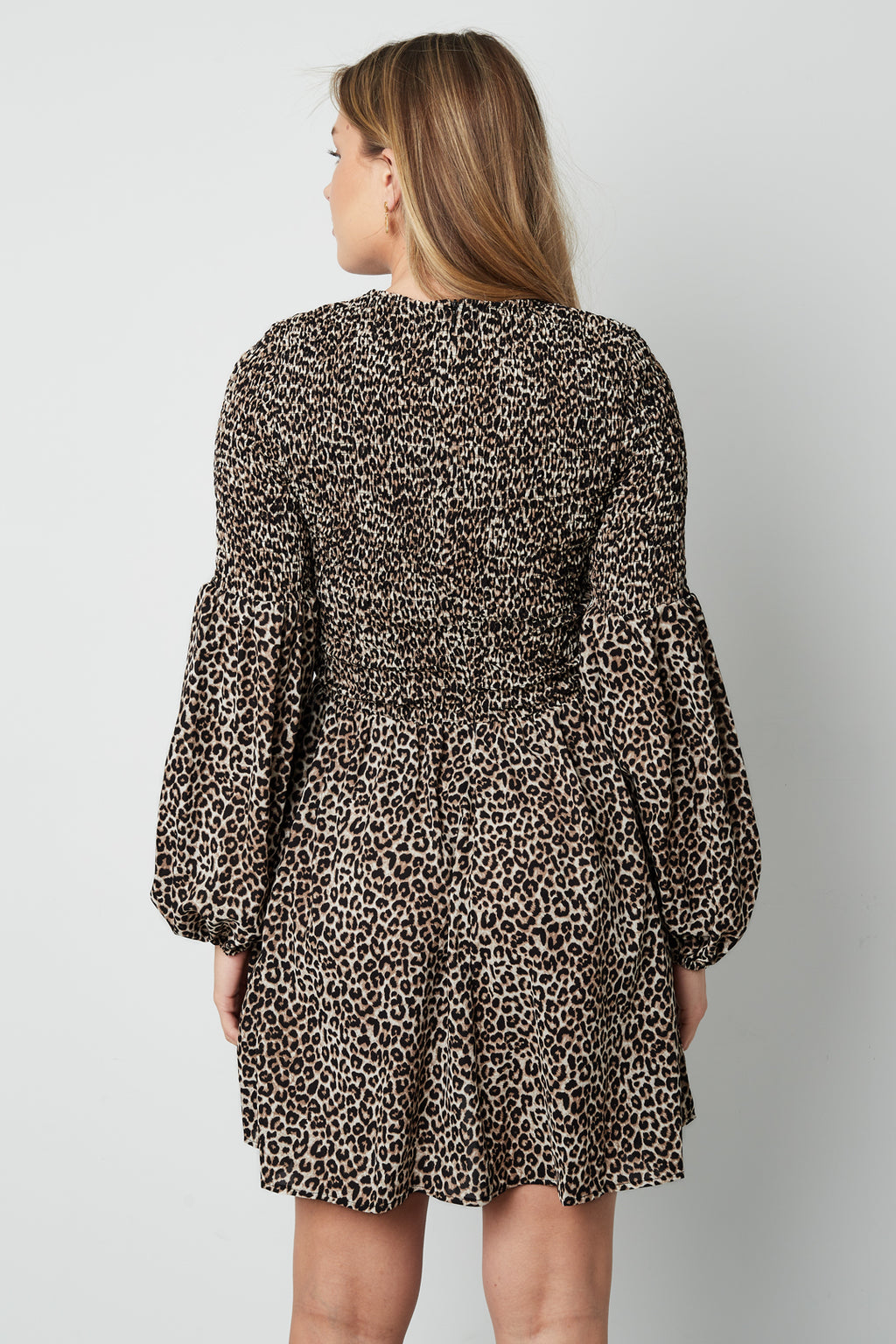 Abito Mini Donna in Poliestere Stampa Leopardo Maniche A Palloncino