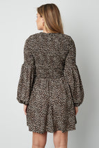 Abito Mini Donna in Poliestere Stampa Leopardo Maniche A Palloncino