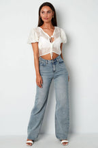 Organic Cotton Woven Donna Top Manica Corta Bohemian Stampa Fiorita Nodo