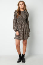 Abito Mini Donna in Poliestere Stampa Leopardo Maniche A Palloncino