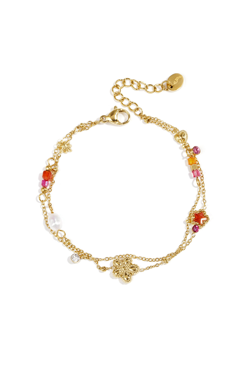 Braccialetto con ciondoli a forma di stella e fiore, perle, pietre e perline.