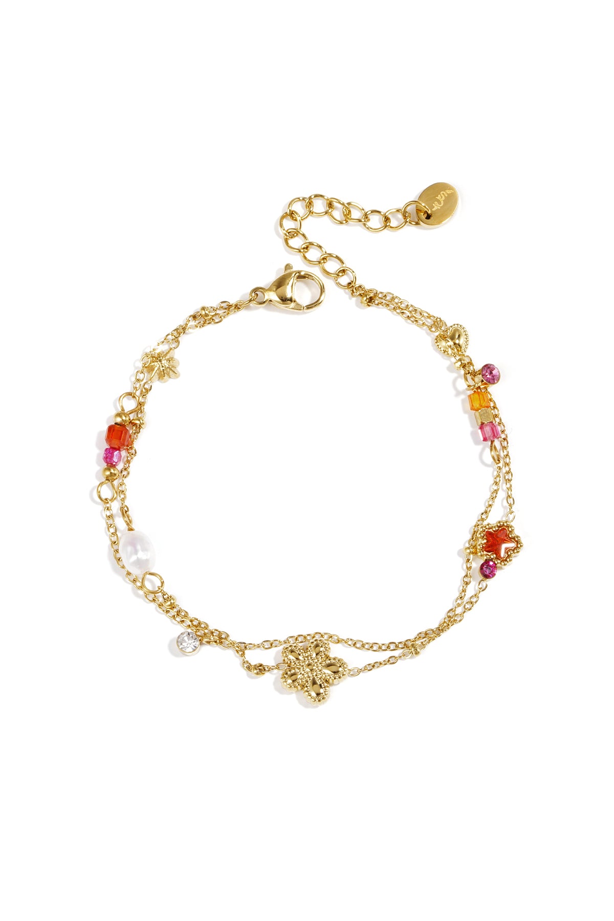 Braccialetto con ciondoli a forma di stella e fiore, perle, pietre e perline.