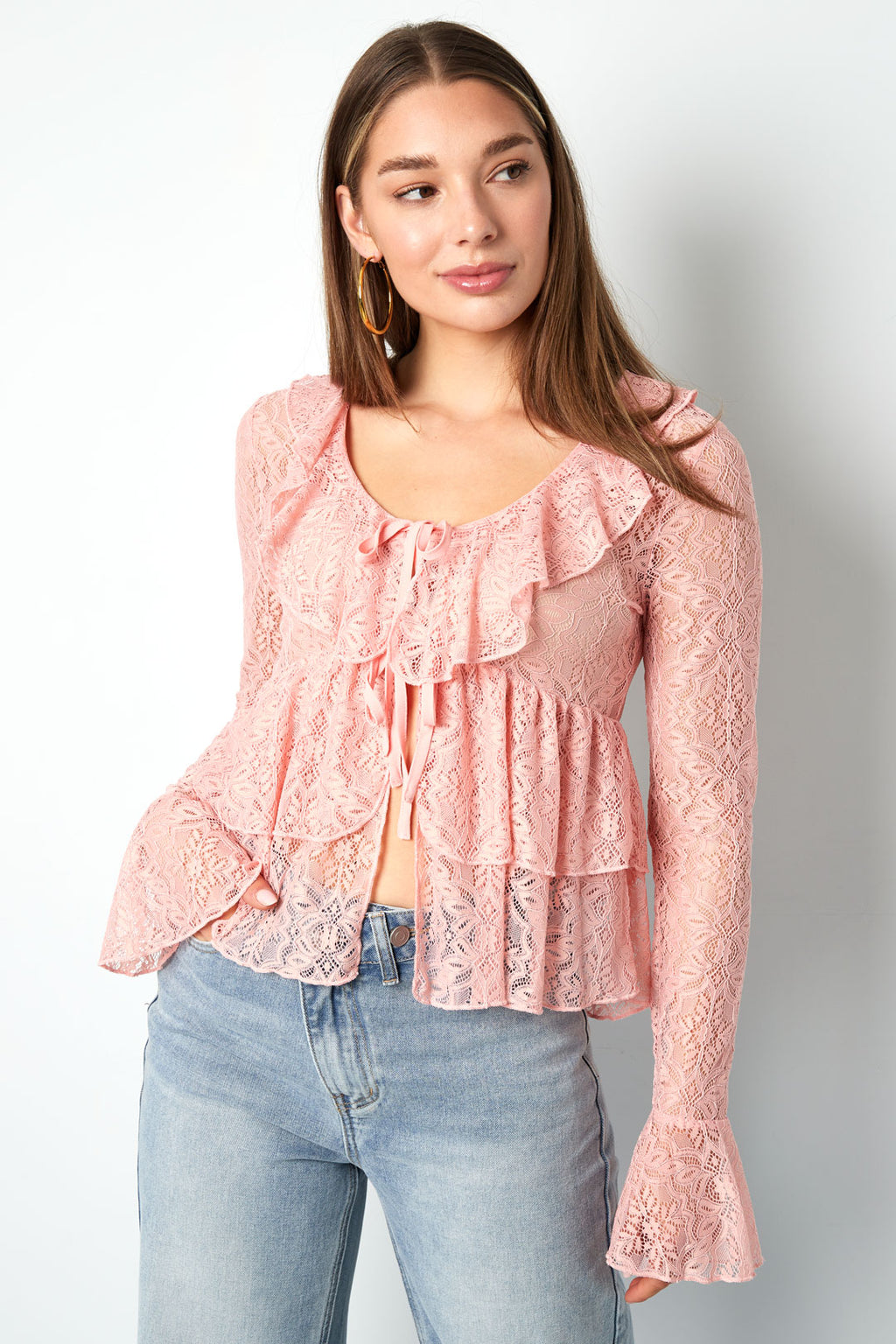 Tessuto Pizzo Donna Maglia Maniche Lunghe Elegante Dettaglio Volant