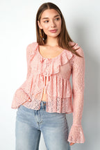Tessuto Pizzo Donna Maglia Maniche Lunghe Elegante Dettaglio Volant