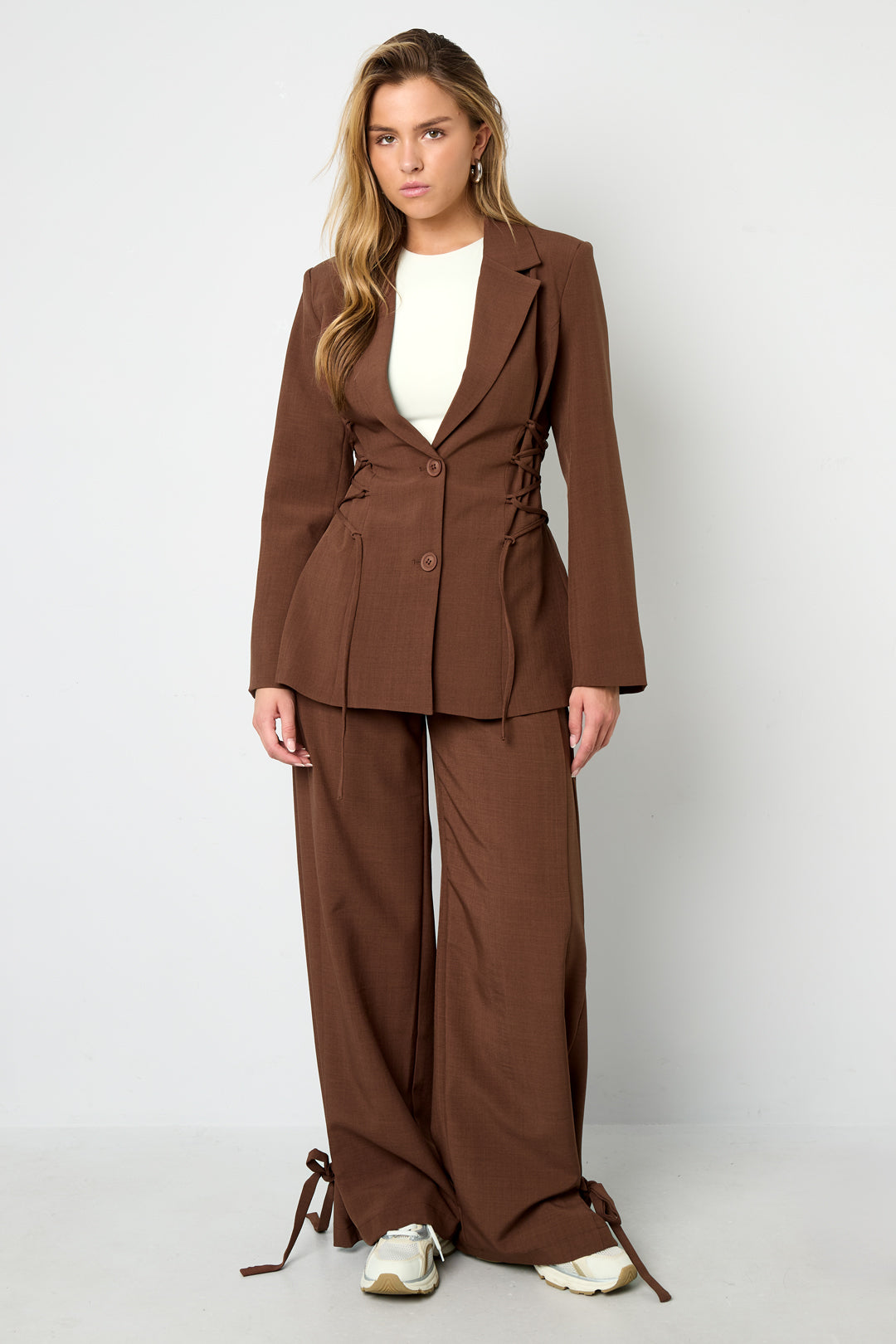 Pantaloni Dritti Donna in Fibra di Poliestere Tessuta Stile Casual con Legacci