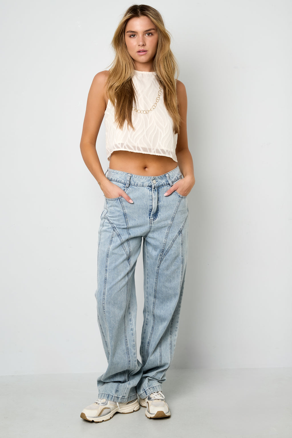 Pantaloni in Cotone Misto Casual Dritto Blu Indaco Chiaro