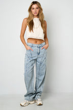 Pantaloni in Cotone Misto Casual Dritto Blu Indaco Chiaro