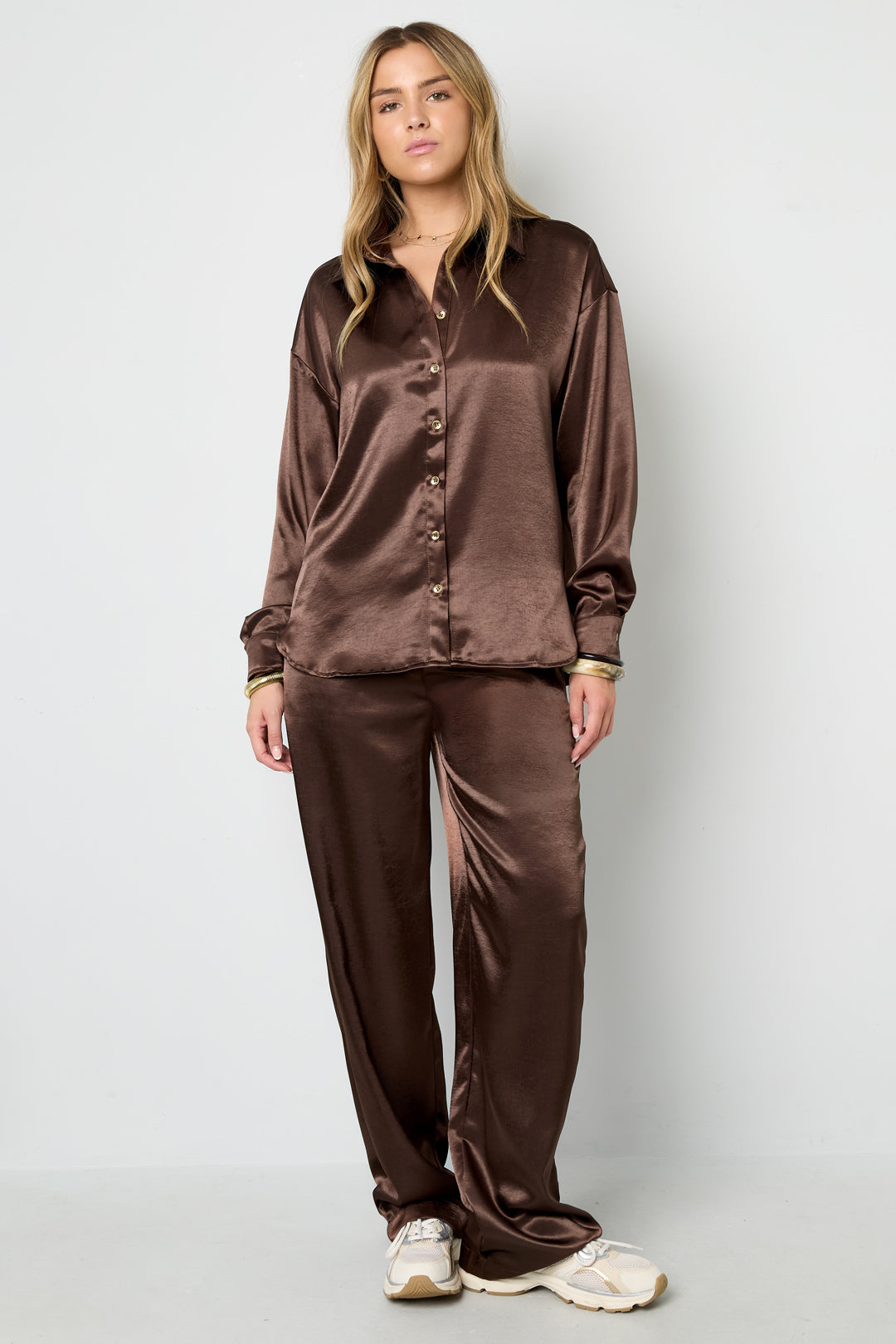Tessuto Fibra di Poliestere Pantaloni Dritti Donna Stile Casual Colore Puro Autunno/Inverno